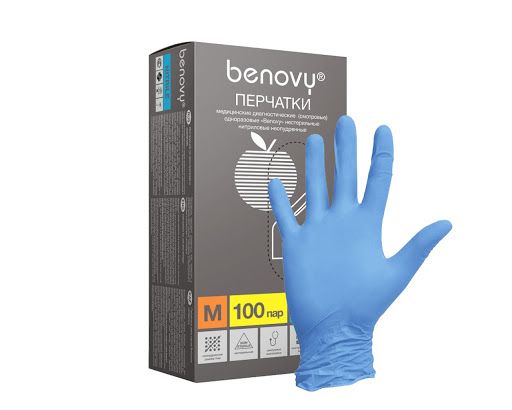 Перчатки нитриловые голубые  размер M, 100шт, Benovy